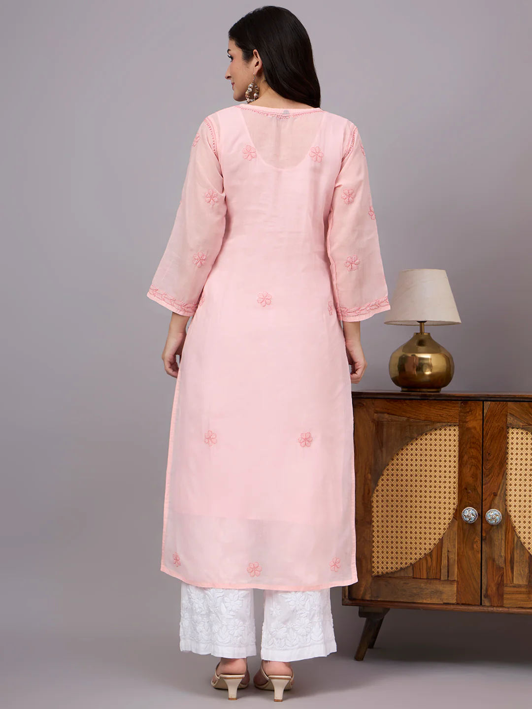 Naina Cotton Chikankari Straight Kurti with inner - Peach - Image 3