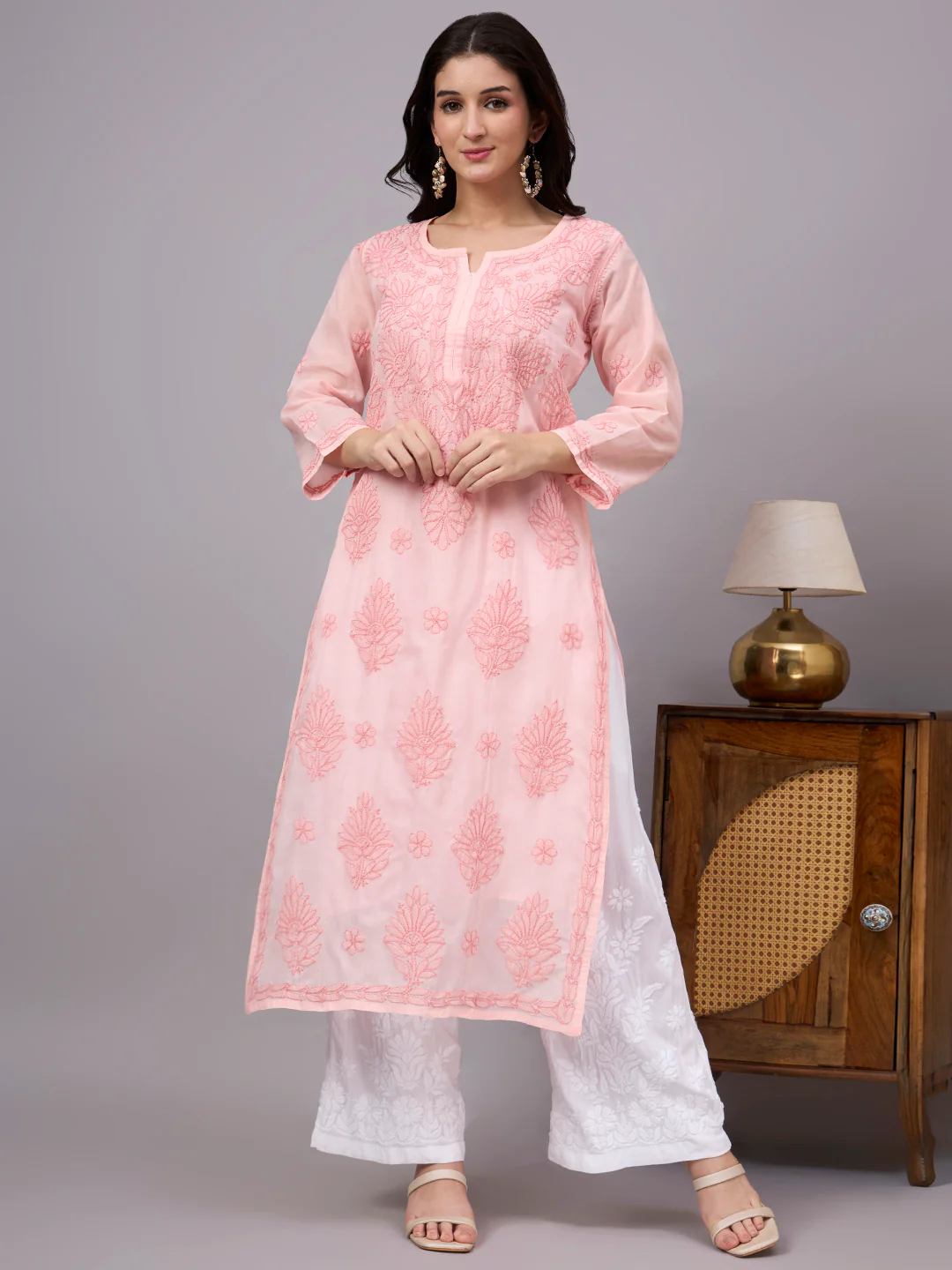 Naina Cotton Chikankari Straight Kurti with inner - Peach - Image 4