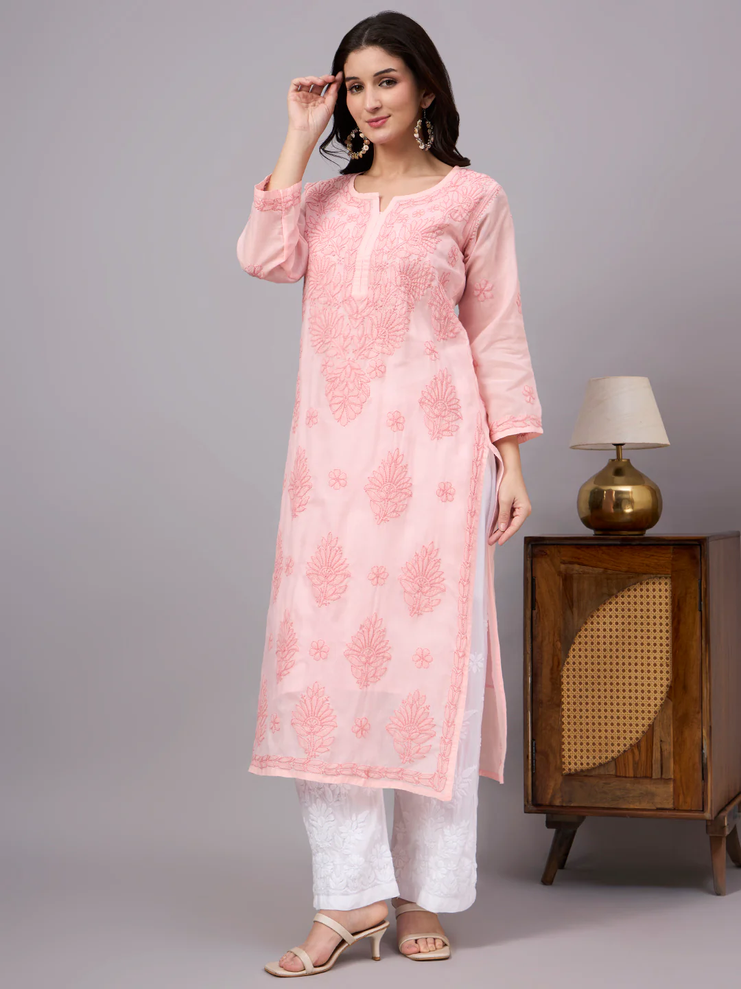Naina Cotton Chikankari Straight Kurti with inner - Peach - Image 5