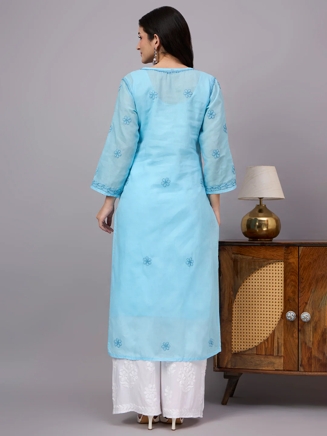 Naina Cotton Chikankari Straight Kurti with inner - Sky Blue - Image 3