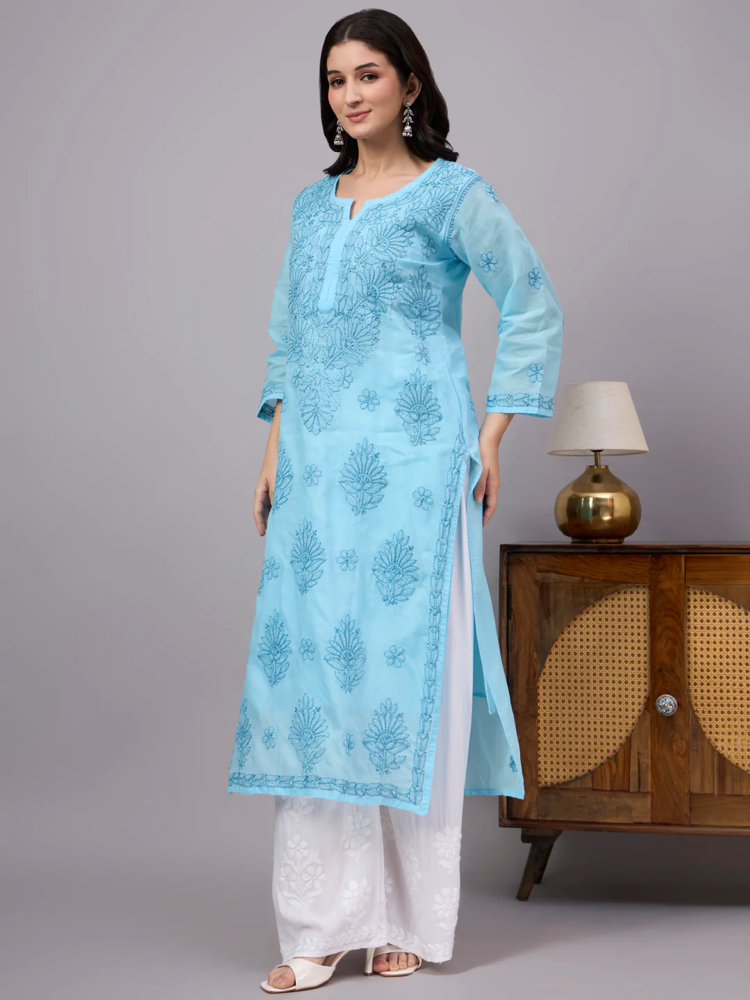 Naina Cotton Chikankari Straight Kurti with inner - Sky Blue - Image 4