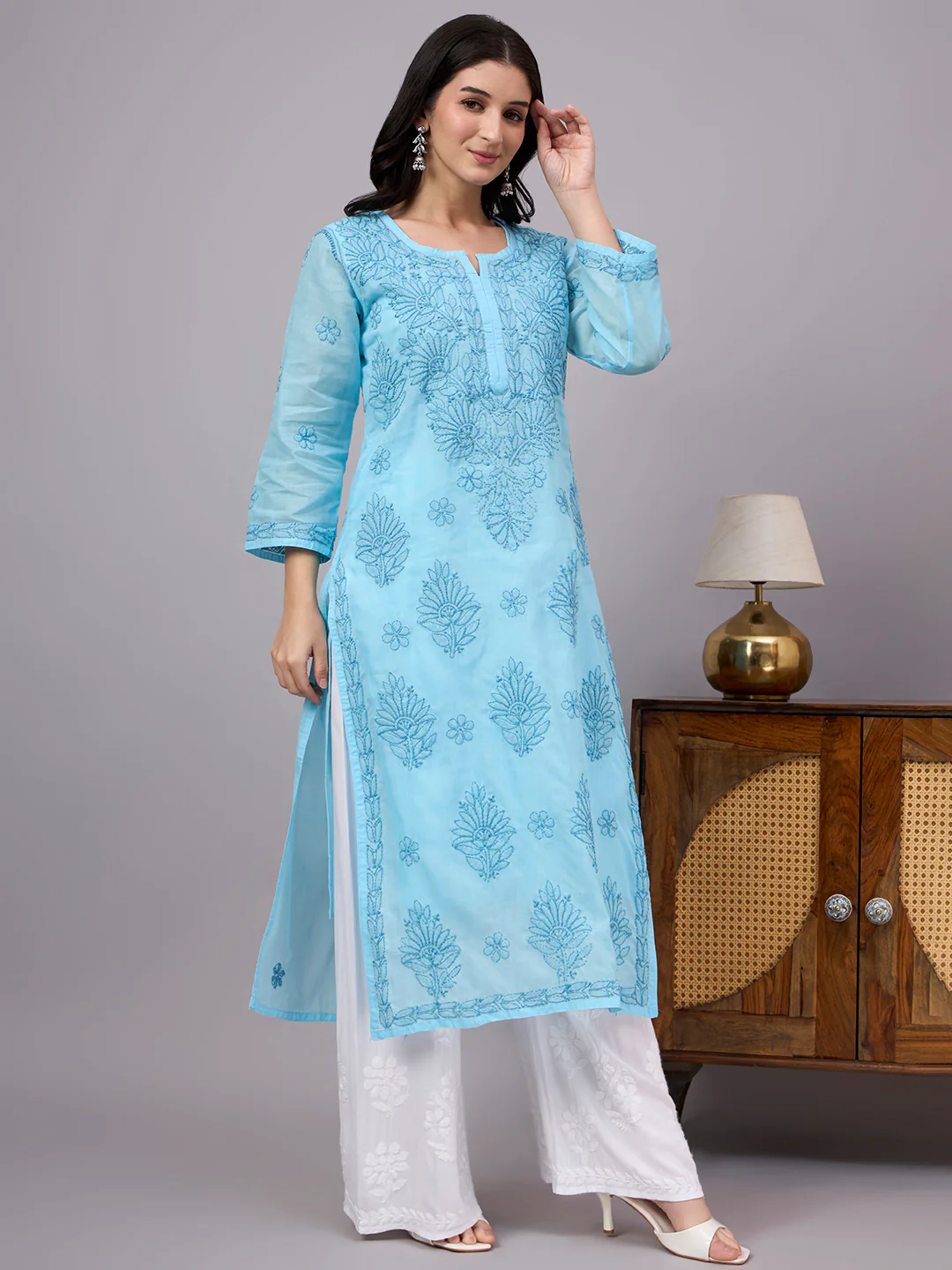 Naina Cotton Chikankari Straight Kurti with inner - Sky Blue - Image 5