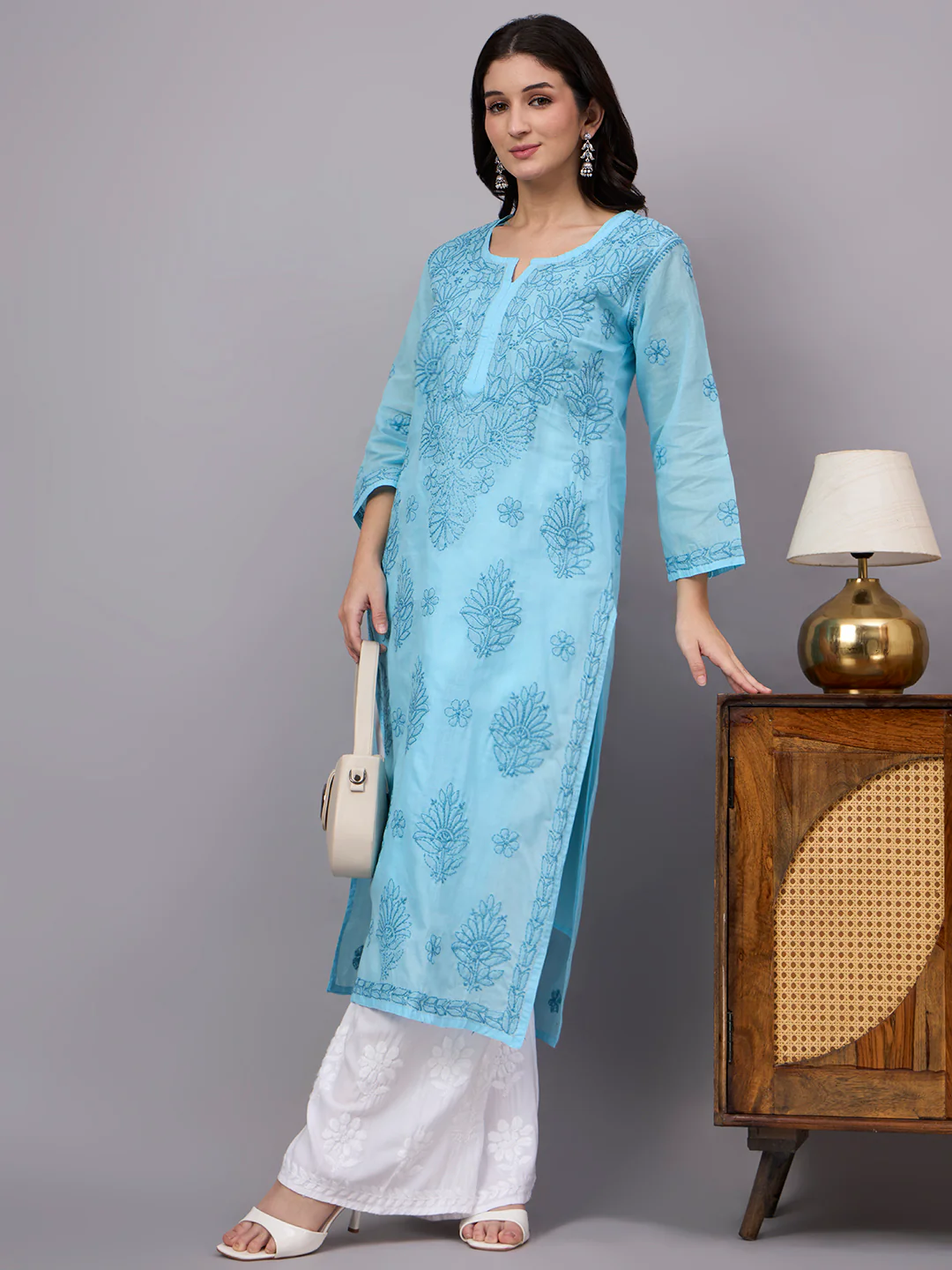Naina Cotton Chikankari Straight Kurti with inner - Sky Blue - Image 6
