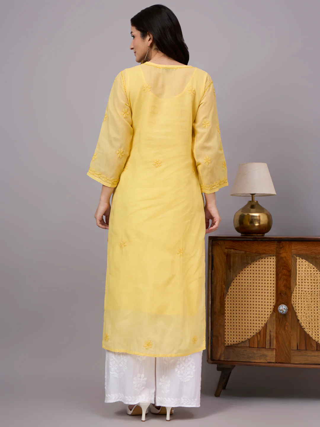 Naina Cotton Chikankari Straight Kurti with inner - Yellow - Image 3