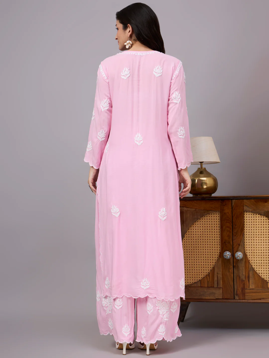 Najat Modal Chikankari Kurti Palazzo Set - Baby Pink - Image 3