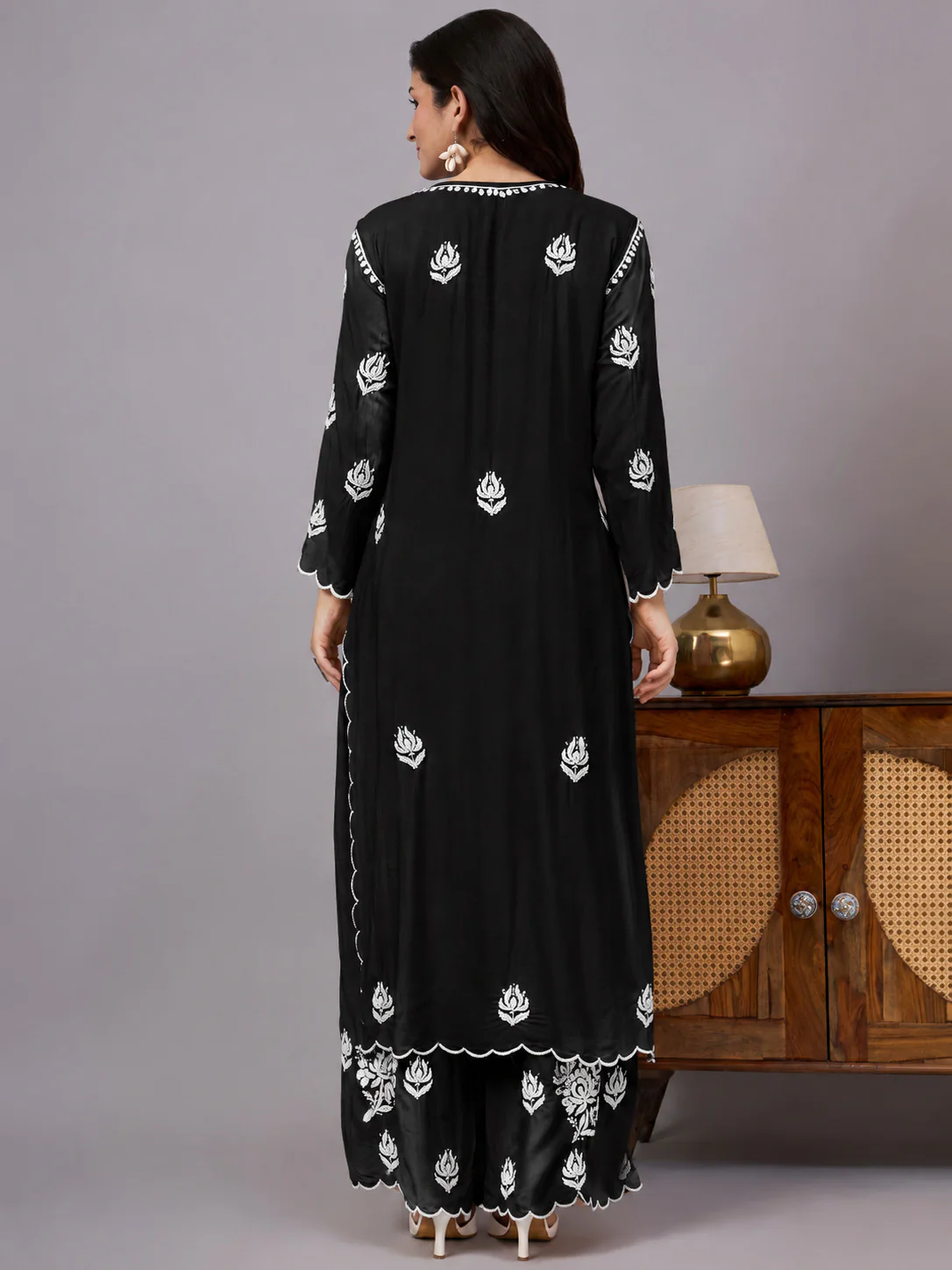 Najat Modal Chikankari Kurti Palazzo Set - Black - Image 3