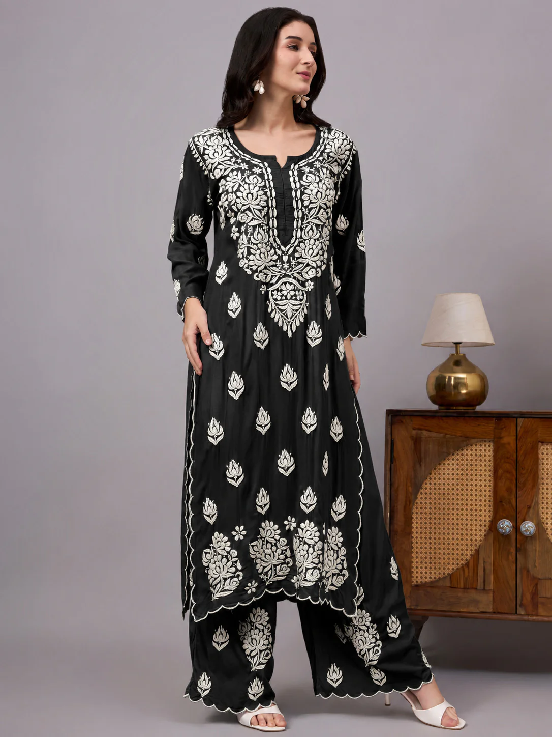 Najat Modal Chikankari Kurti Palazzo Set - Black - Image 4