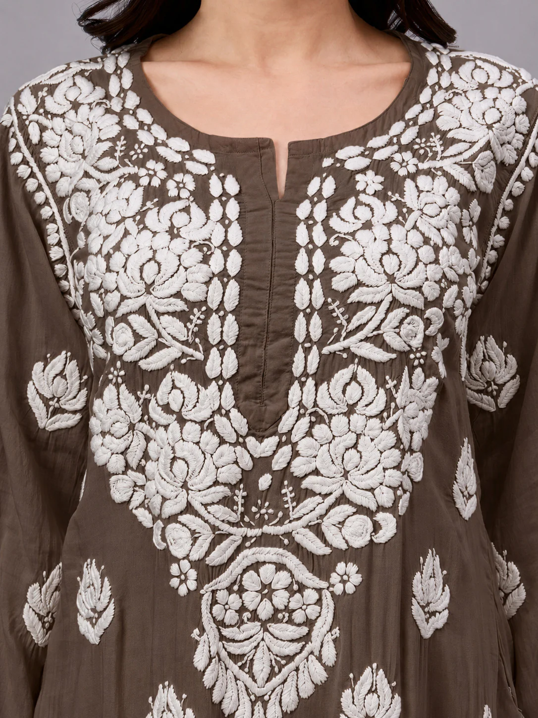 Najat Modal Chikankari Kurti Palazzo Set - Brown - Image 2