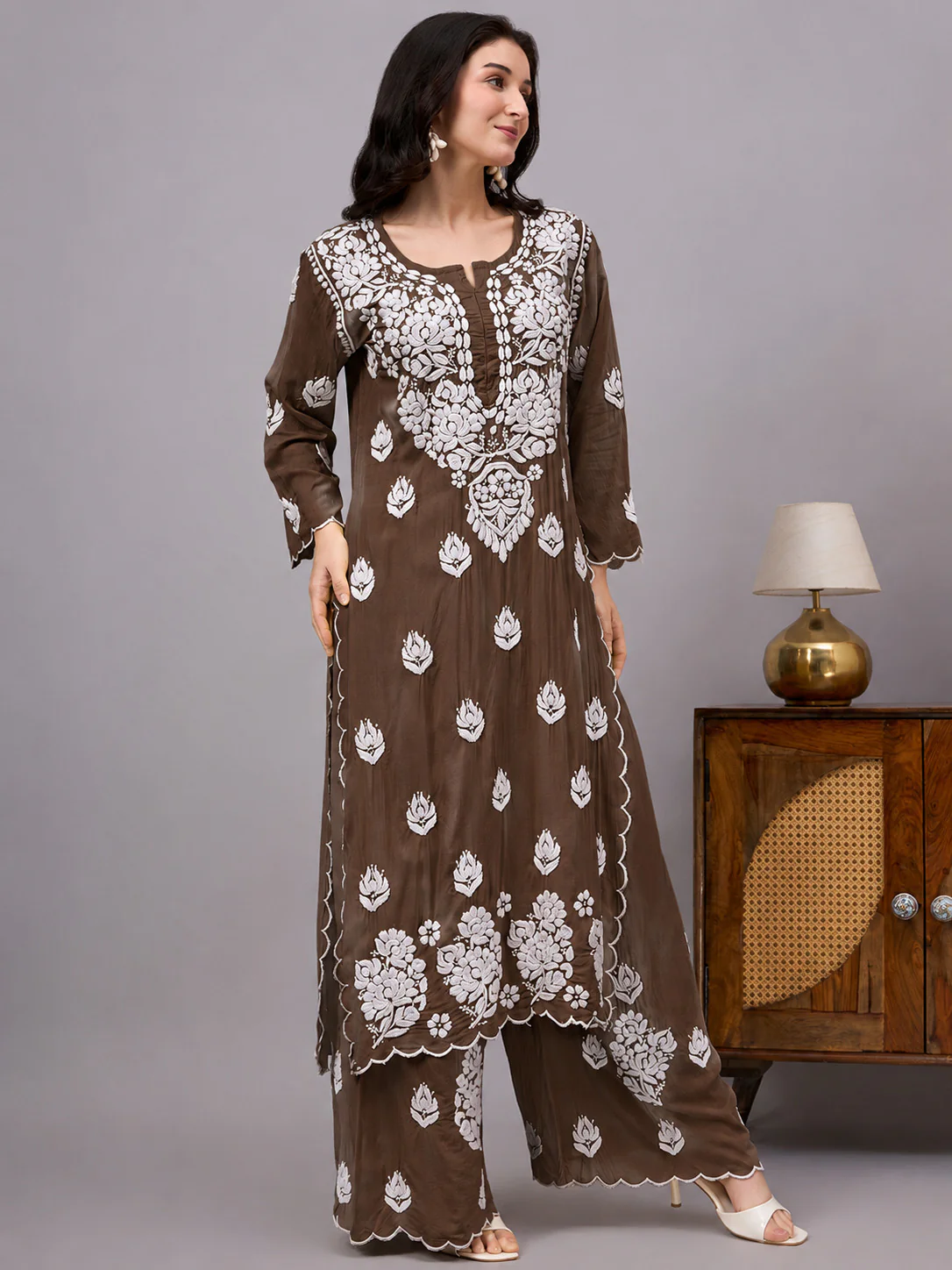 Najat Modal Chikankari Kurti Palazzo Set - Brown - Image 4