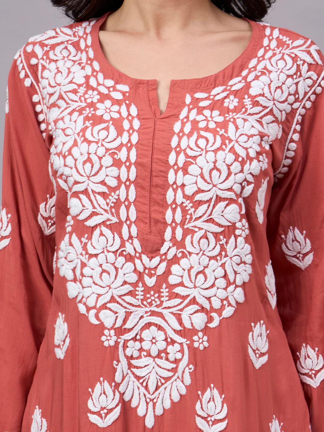 Najat Modal Chikankari Kurti Palazzo Set - Coral - Image 2