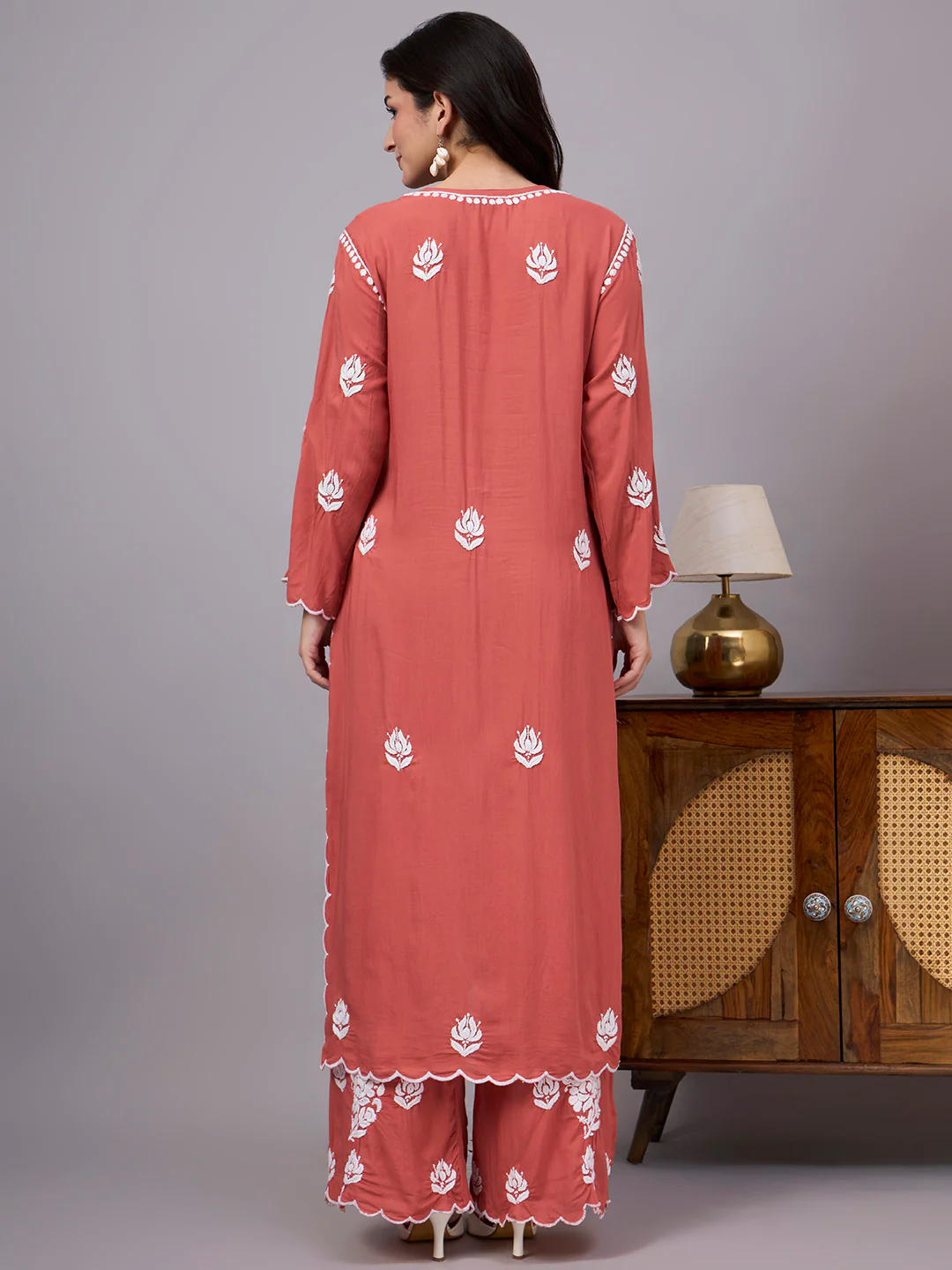 Najat Modal Chikankari Kurti Palazzo Set - Coral - Image 3