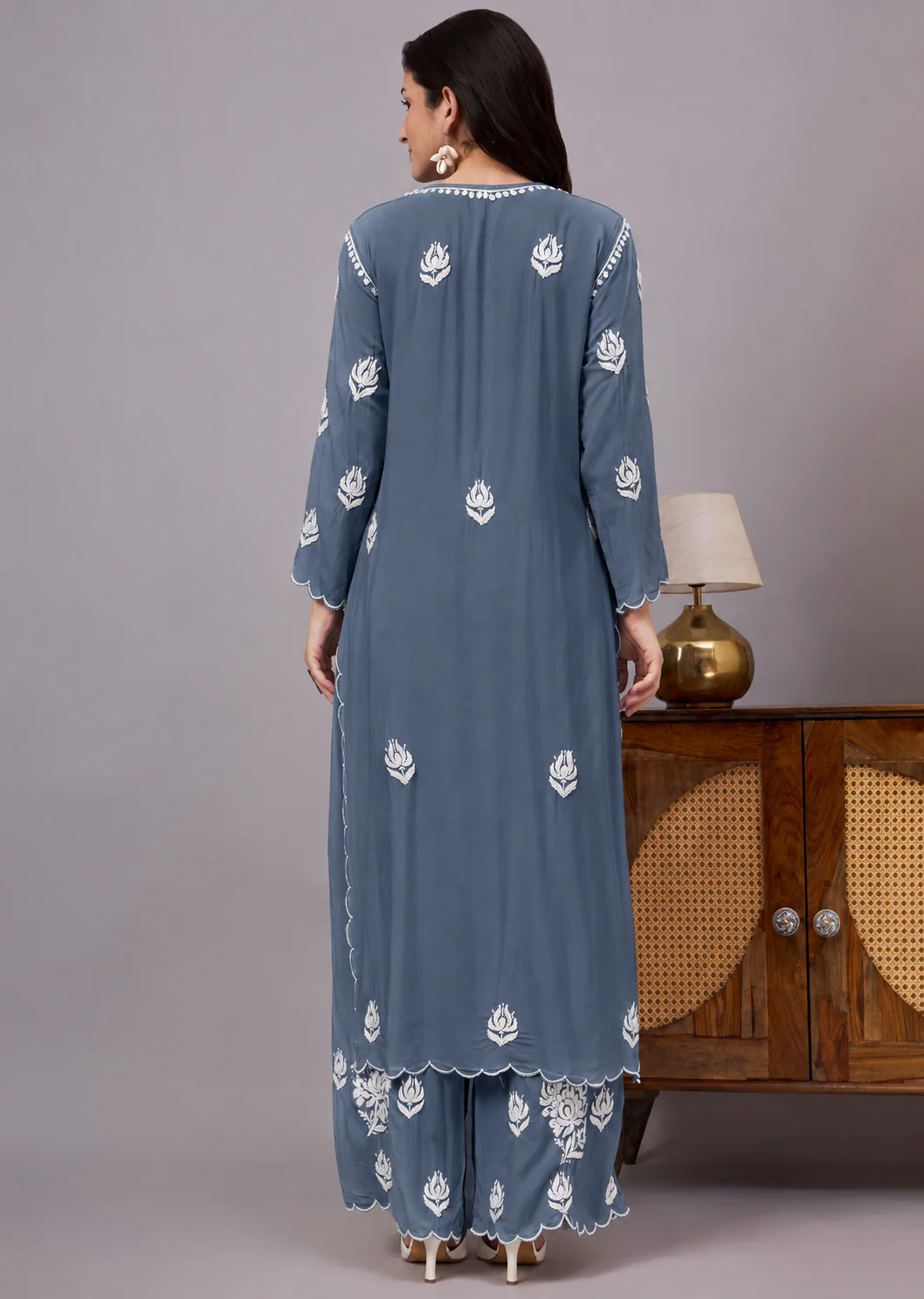 Najat Modal Chikankari Kurti Palazzo Set - Grey - Image 3