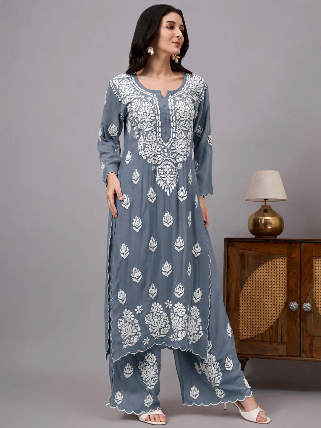 Najat Modal Chikankari Kurti Palazzo Set - Grey - Image 4