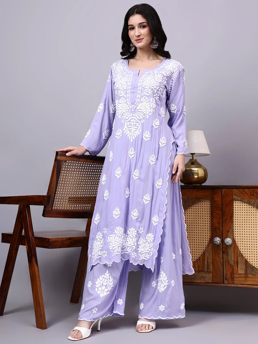 Najat Modal Chikankari Kurti Palazzo Set - Lavender - Image 6