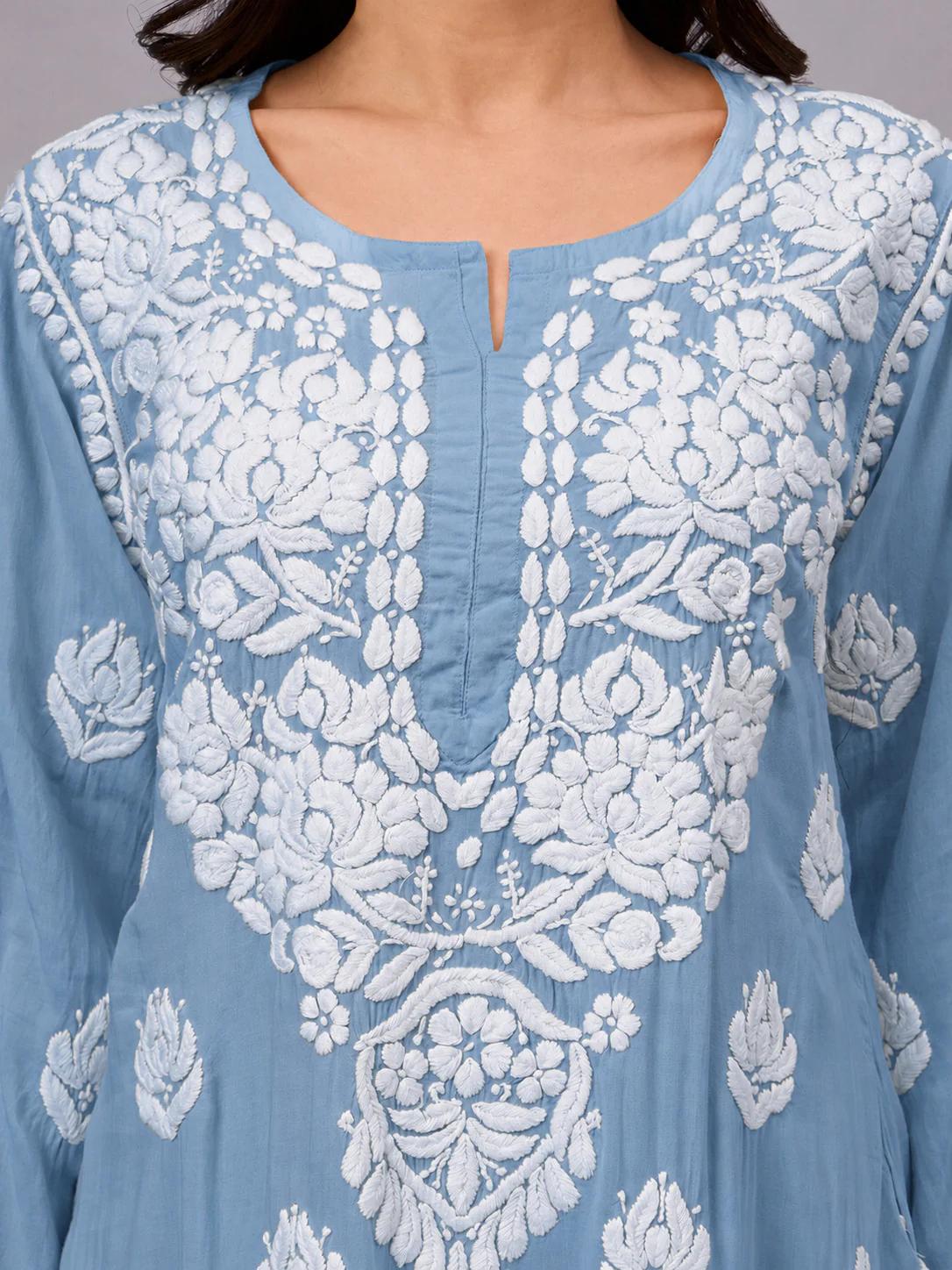 Najat Modal Chikankari Kurti Palazzo Set - Powder Blue - Image 2