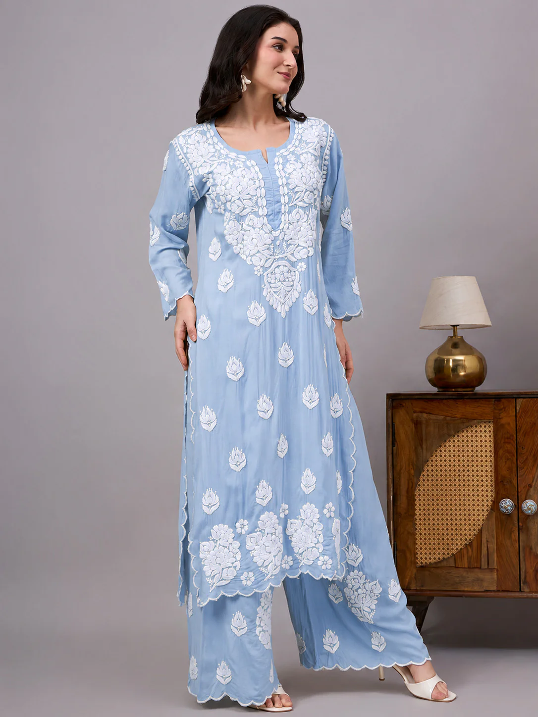 Najat Modal Chikankari Kurti Palazzo Set - Powder Blue - Image 4