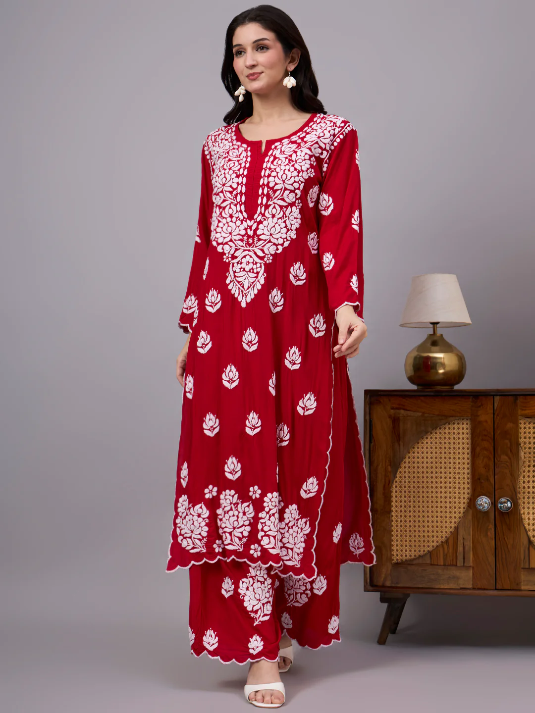Najat Modal Chikankari Kurti Palazzo Set - Red