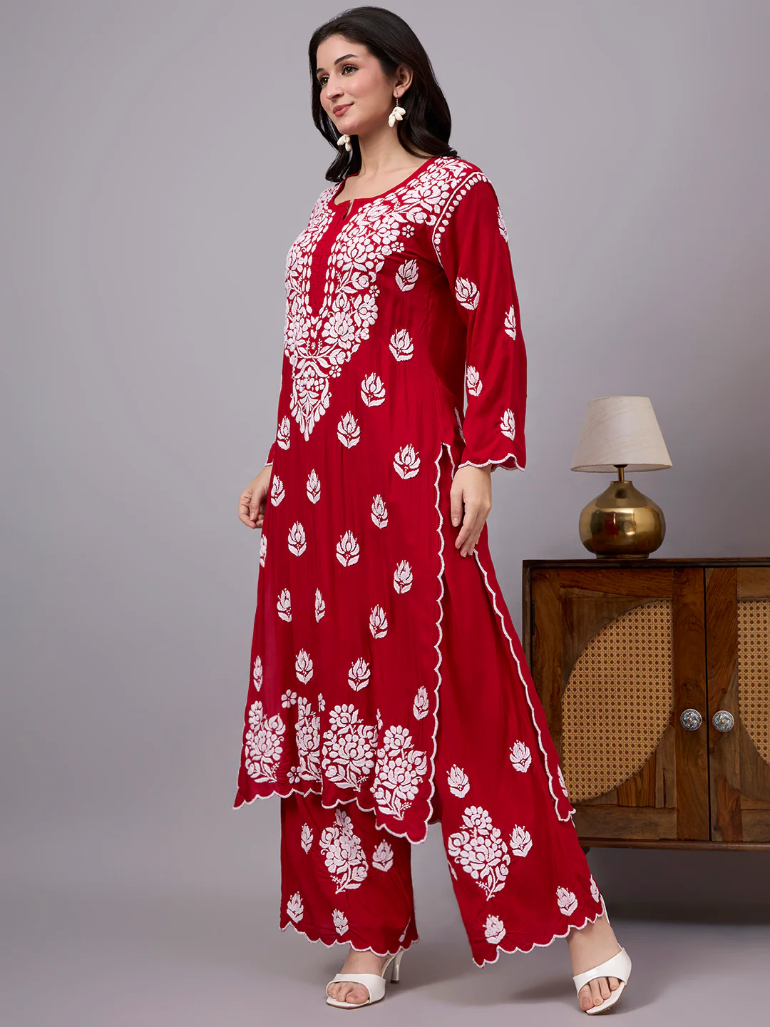 Najat Modal Chikankari Kurti Palazzo Set - Red - Image 5