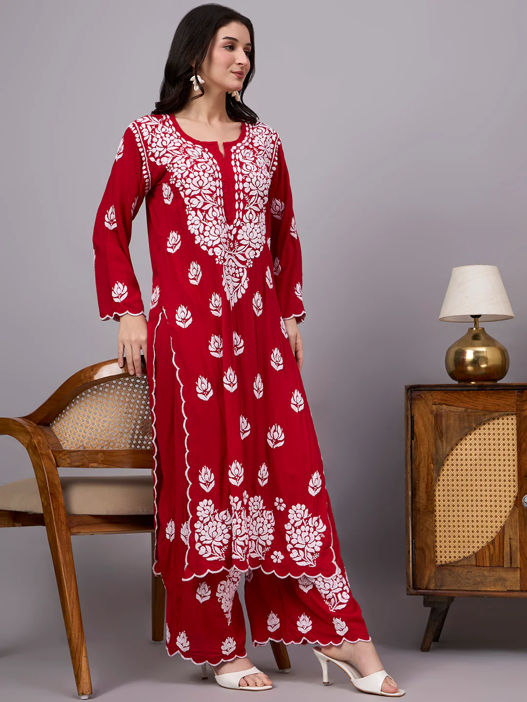 Najat Modal Chikankari Kurti Palazzo Set - Red - Image 6