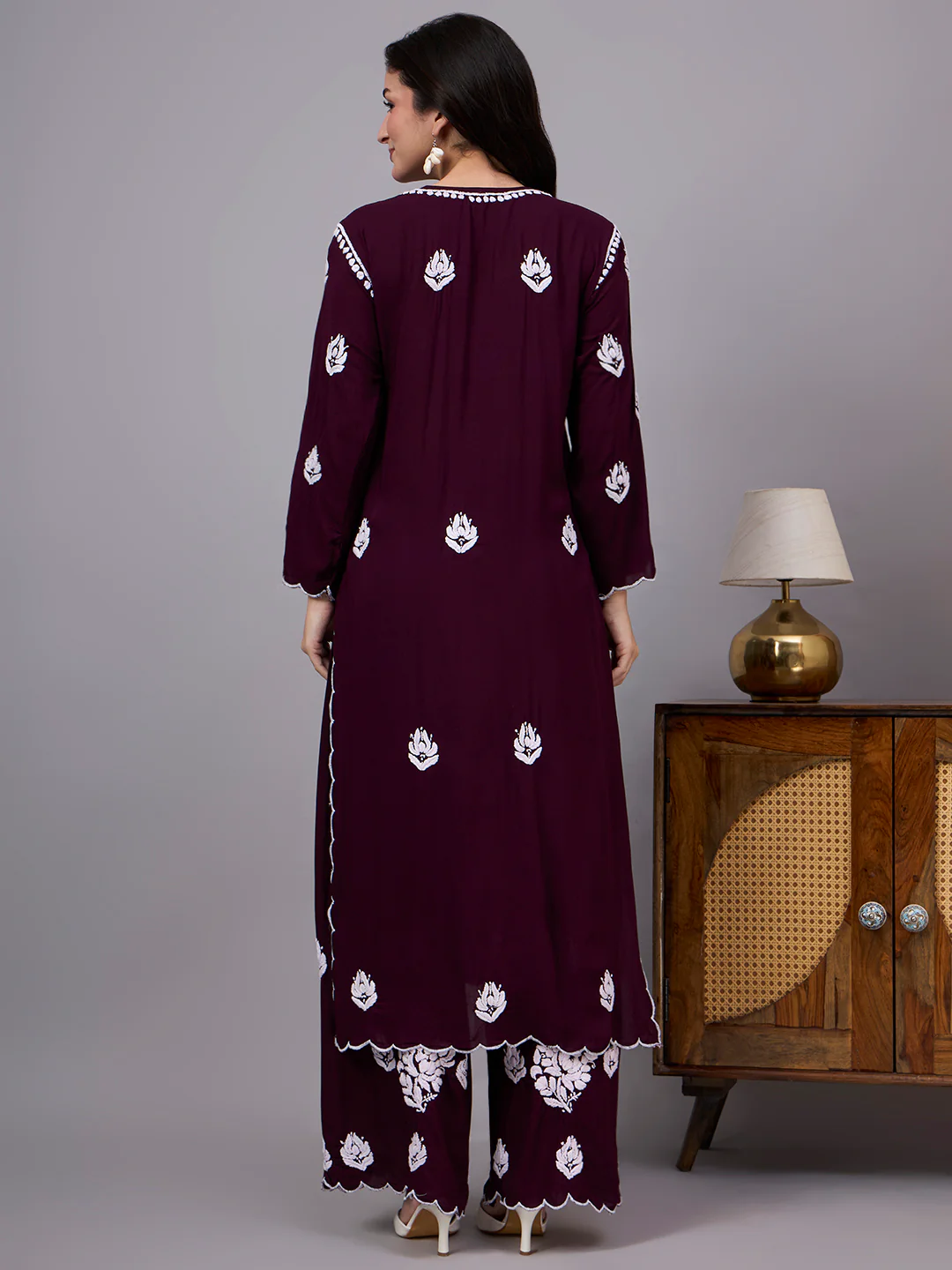 Najat Modal Chikankari Kurti Palazzo Set - Wine - Image 3
