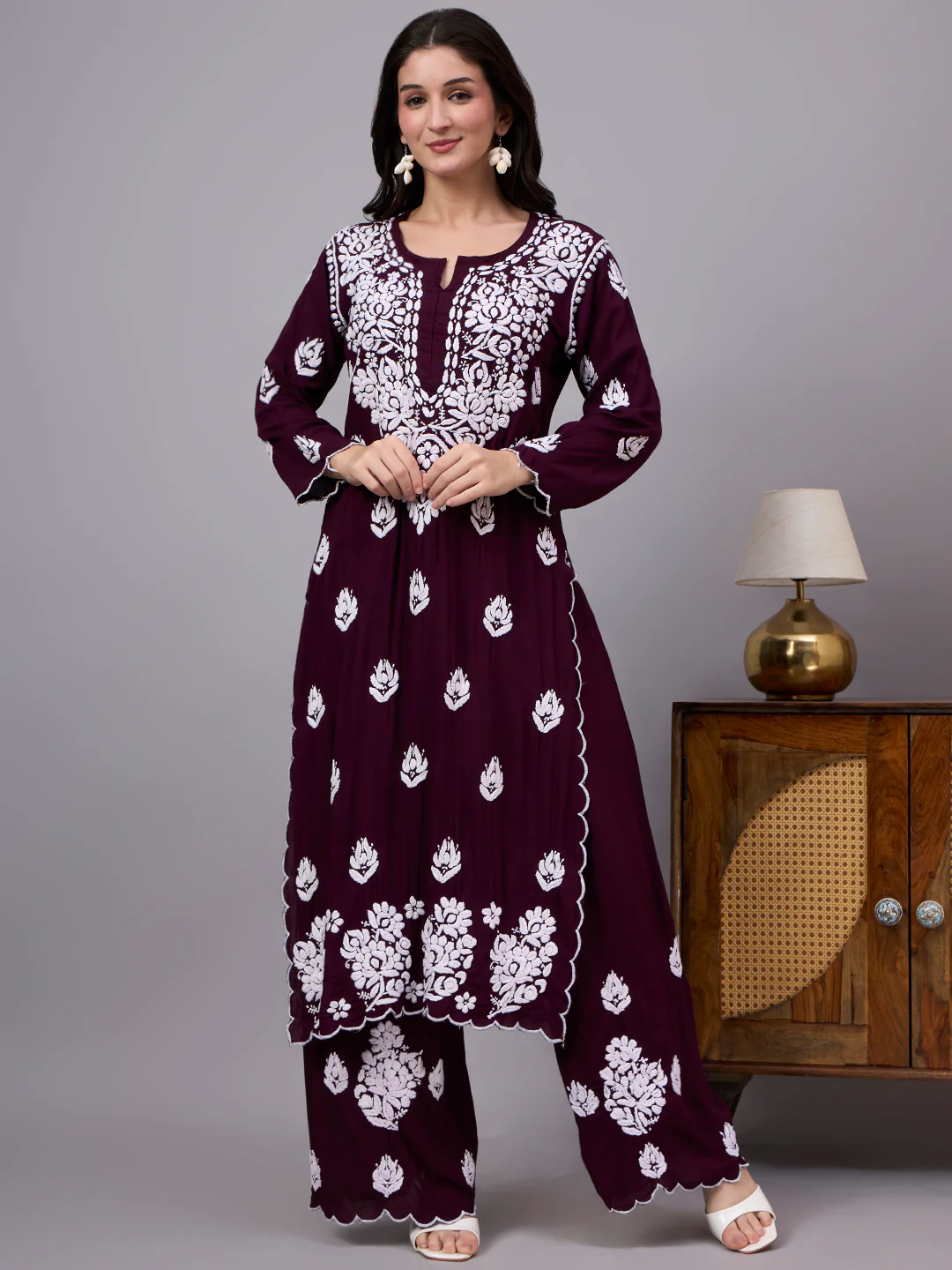 Najat Modal Chikankari Kurti Palazzo Set - Wine - Image 4
