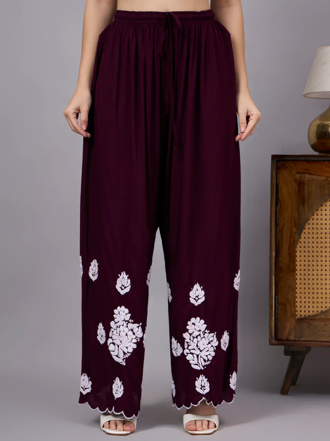 Najat Modal Chikankari Kurti Palazzo Set - Wine - Image 7