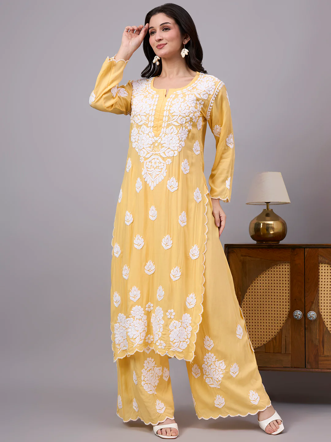 Najat Modal Chikankari Kurti Palazzo Set - Yellow