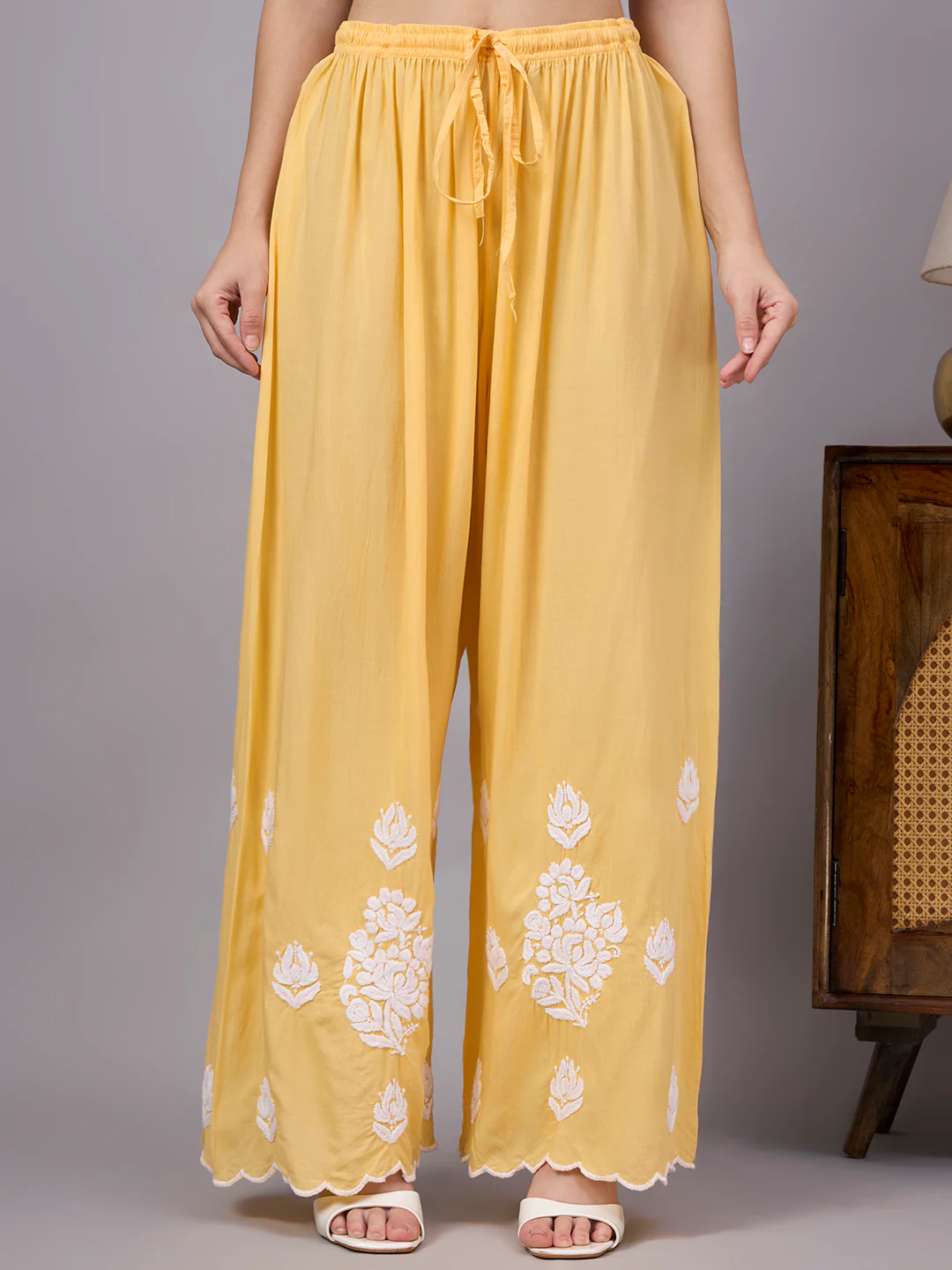 Najat Modal Chikankari Kurti Palazzo Set - Yellow - Image 6