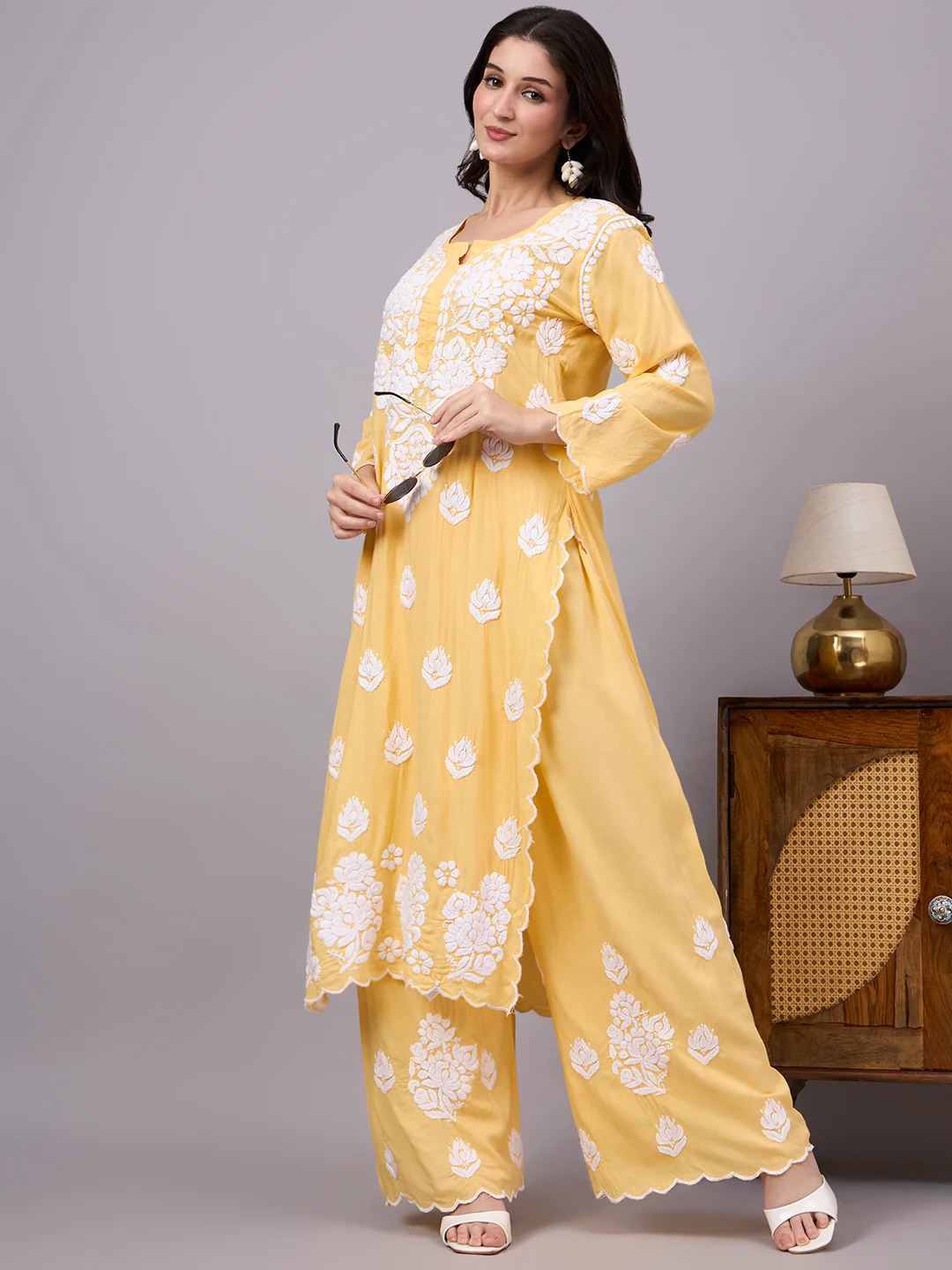 Najat Modal Chikankari Kurti Palazzo Set - Yellow - Image 7