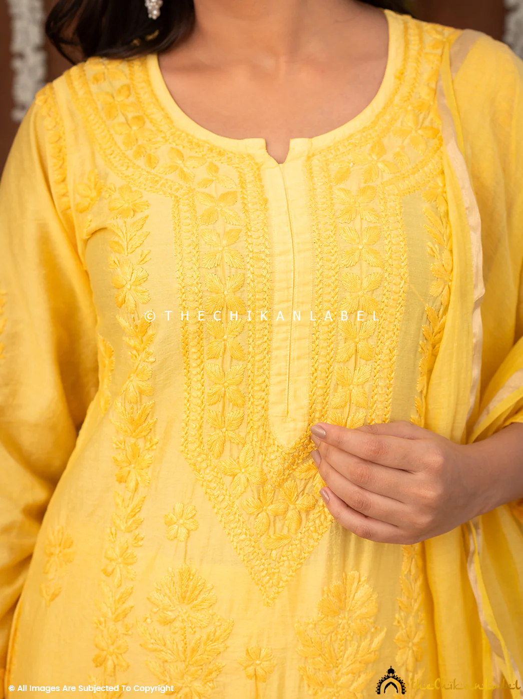 Navika Chanderi Chikankari Kurta Set with Dupatta - Yellow - Image 2