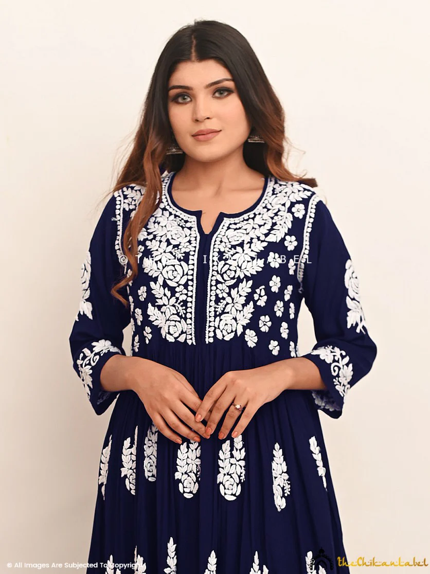 Navy Blue Modal Chikankari Anarkali Kurta - Image 2