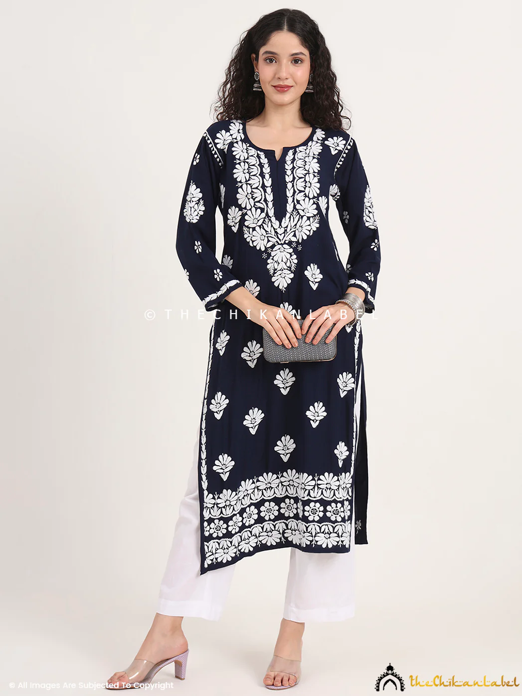 Saira Rayon Straight Chikankari Kurti - Navy Blue
