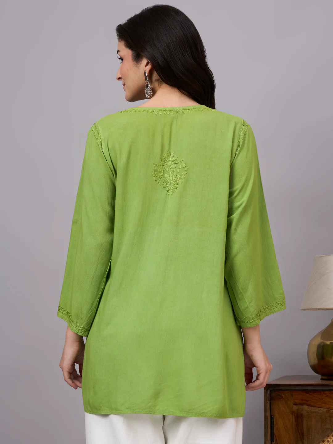 Nawal Rayon Chikankari Short Kurta - Green - Image 3