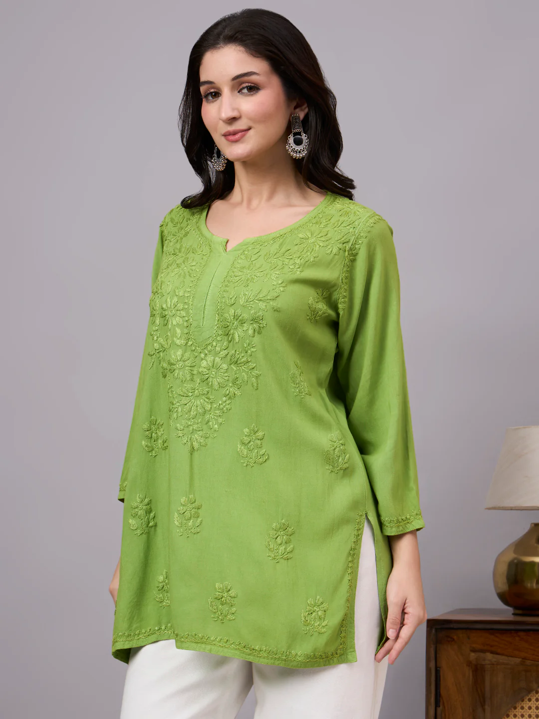Nawal Rayon Chikankari Short Kurta - Green - Image 4