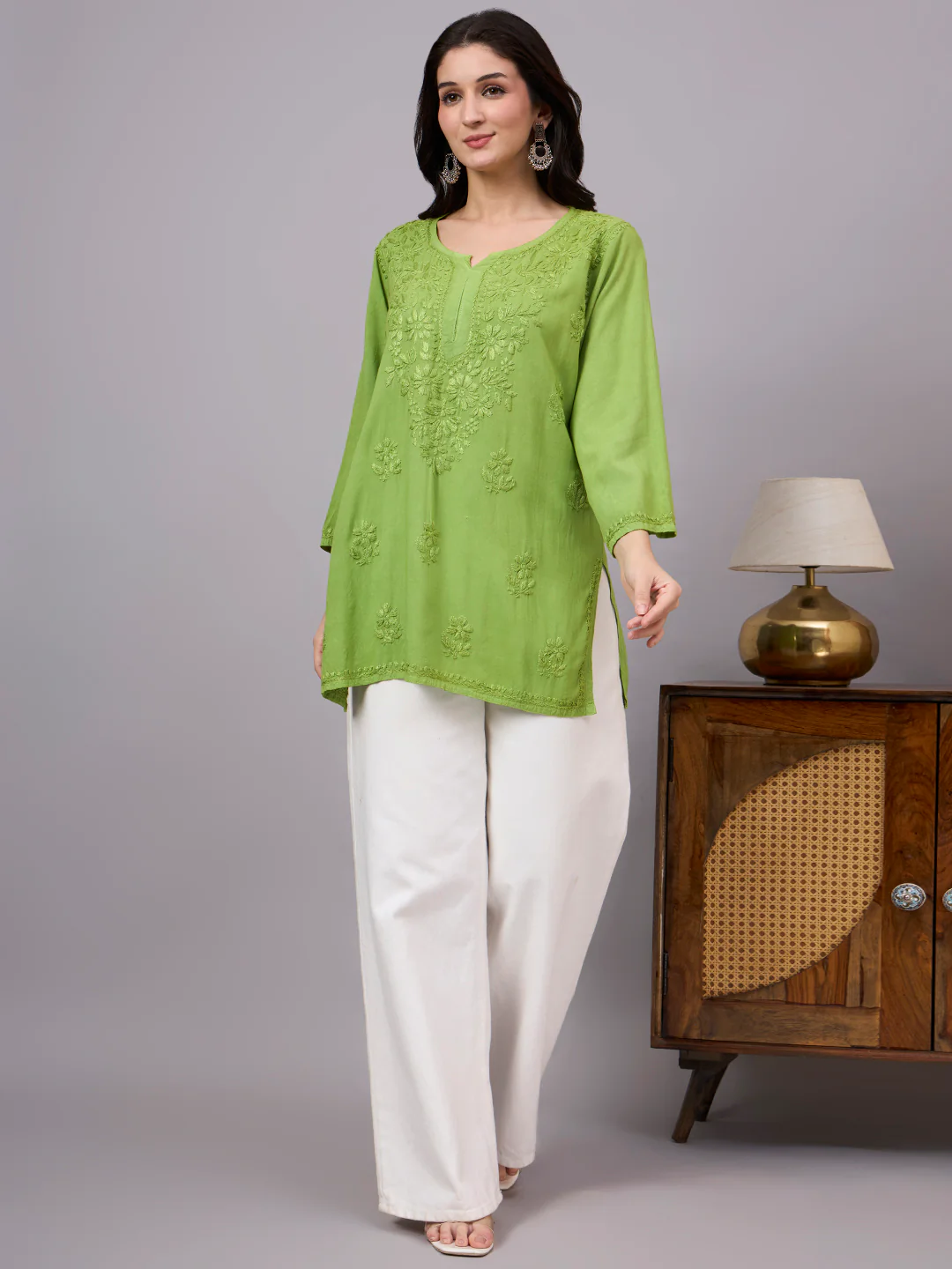 Nawal Rayon Chikankari Short Kurta - Green - Image 7