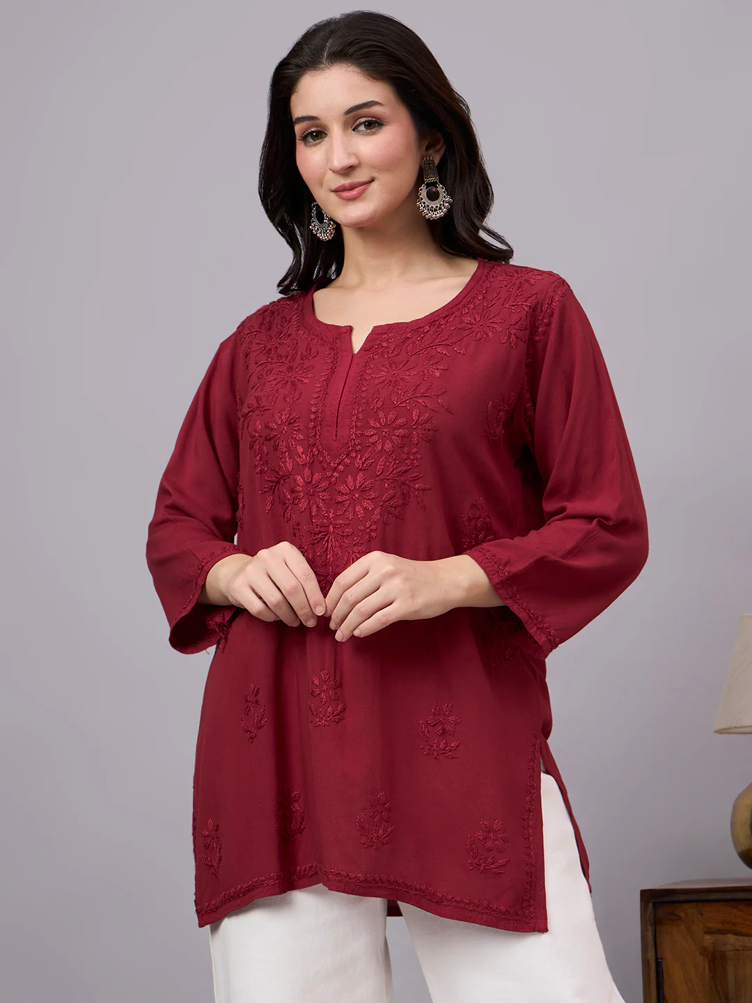 Nawal Rayon Chikankari Short Kurta - Maroon - Image 5