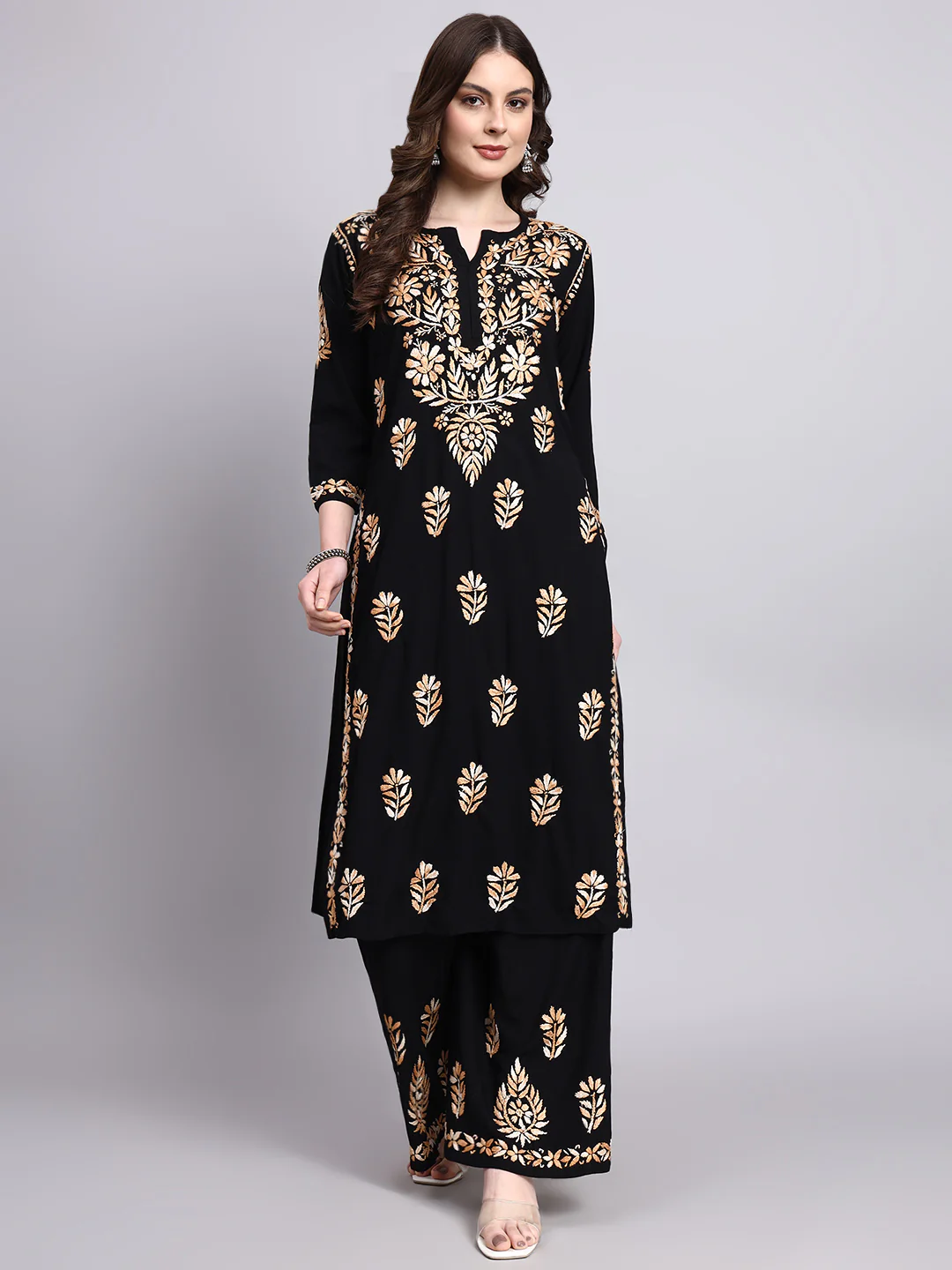 Niya Rayon Chikankari Kurti Palazzo Set - Beige