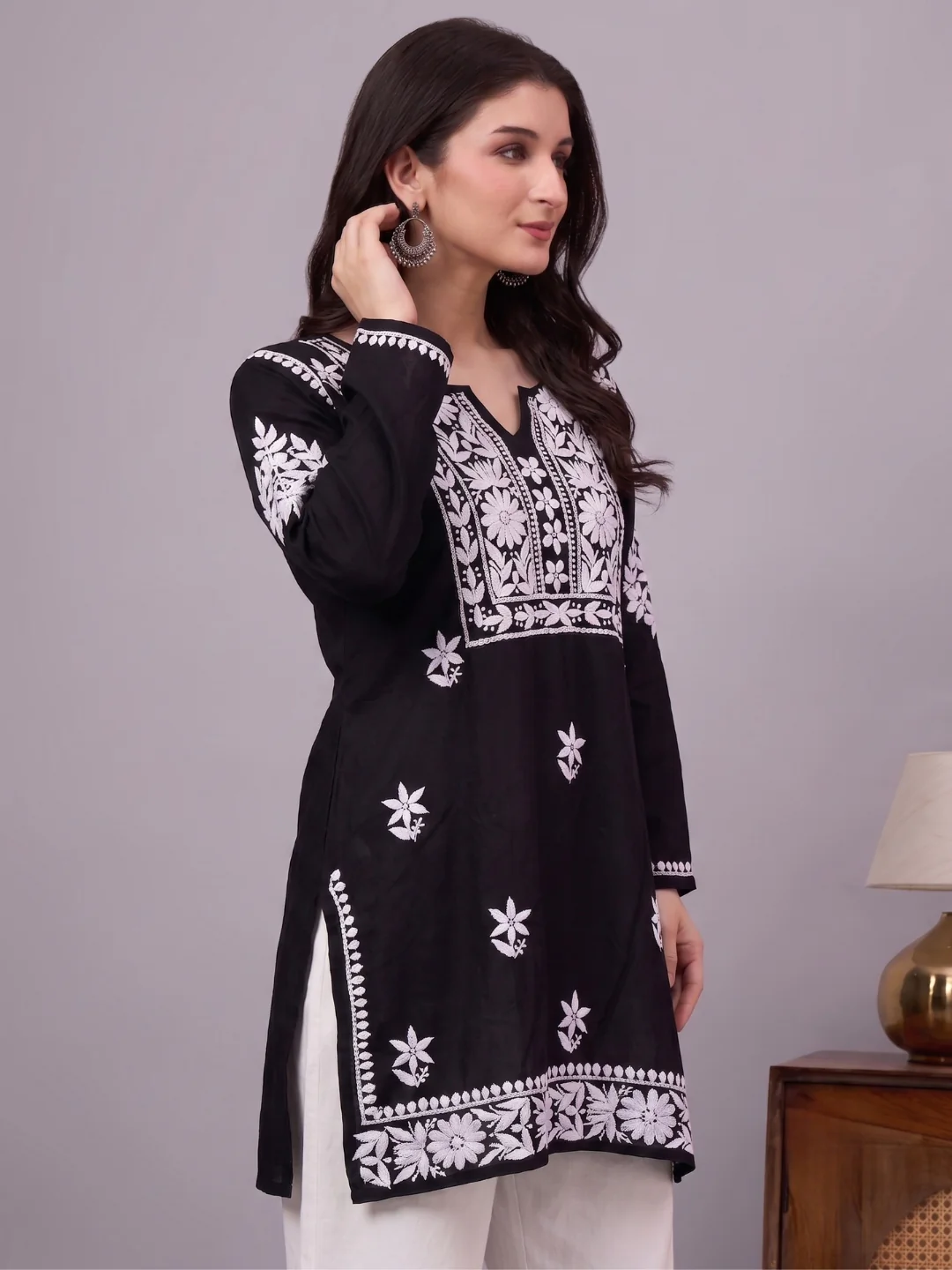 Nushq Rayon Chikankari Short Kurti - Black - Image 4
