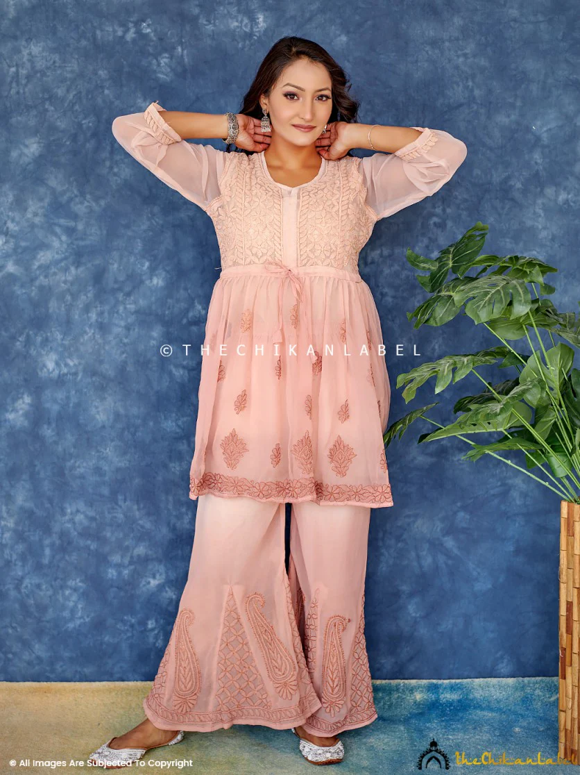 Ombre Choco Georgette Chikankari Short Kurta Set