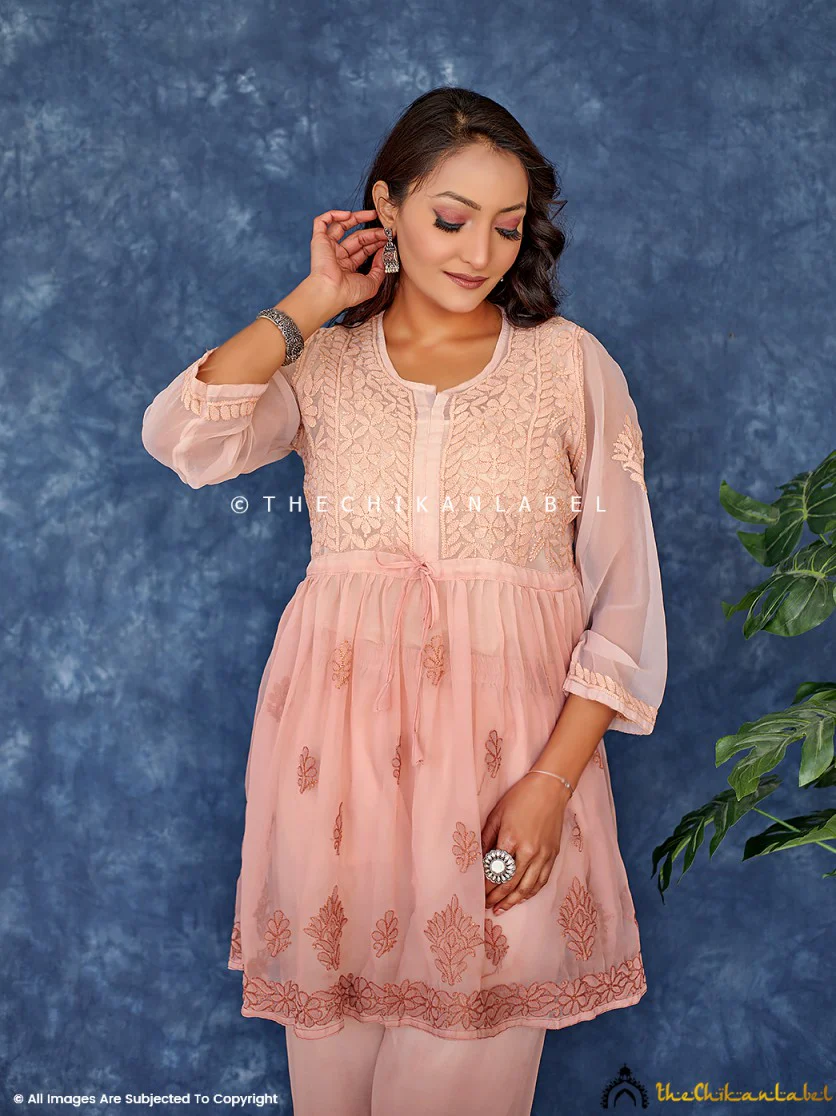 Ombre Choco Georgette Chikankari Short Kurta Set - Image 2