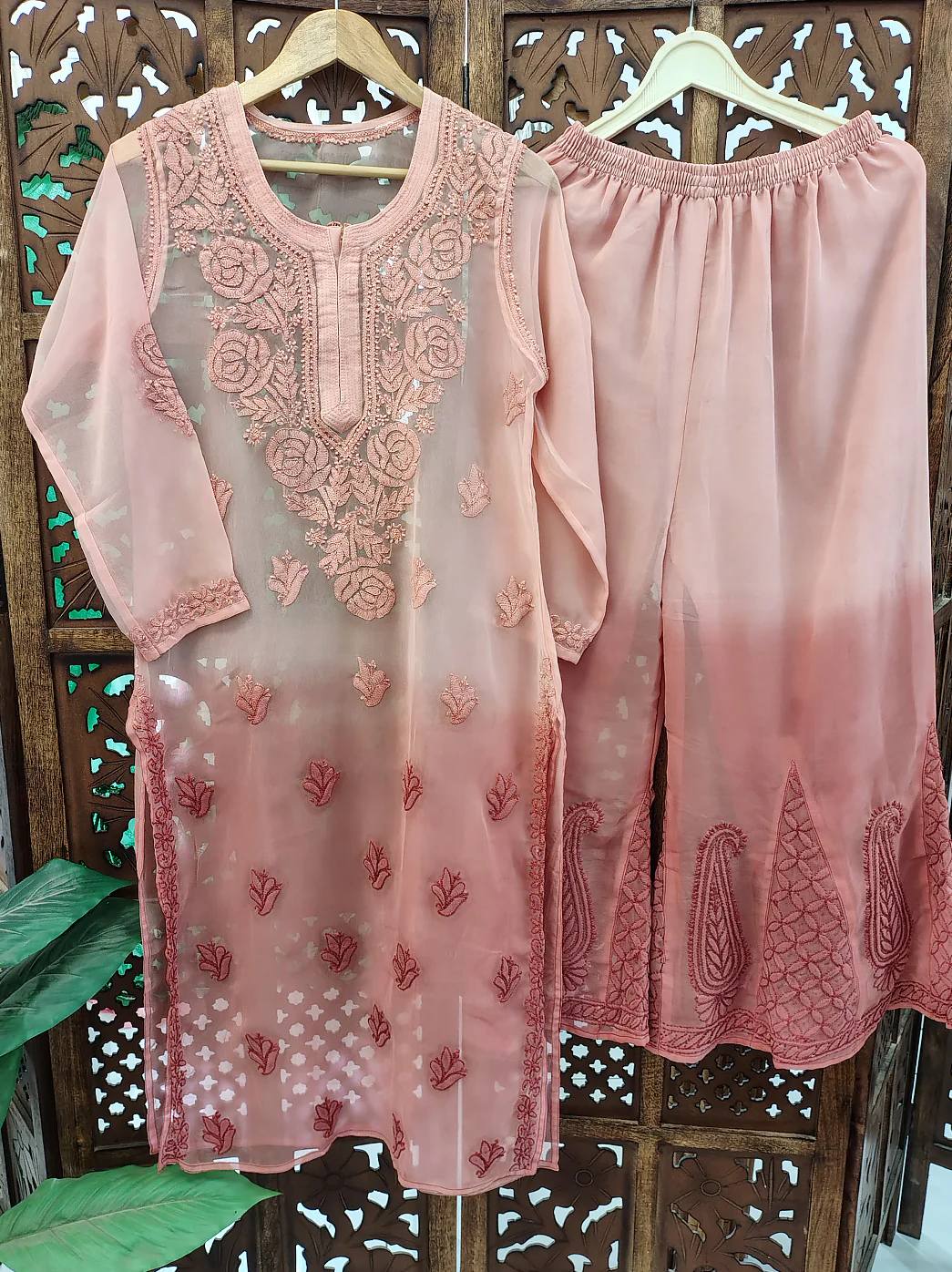 Ombre Choco Georgette Chikankari Straight Kurta Set - Image 2