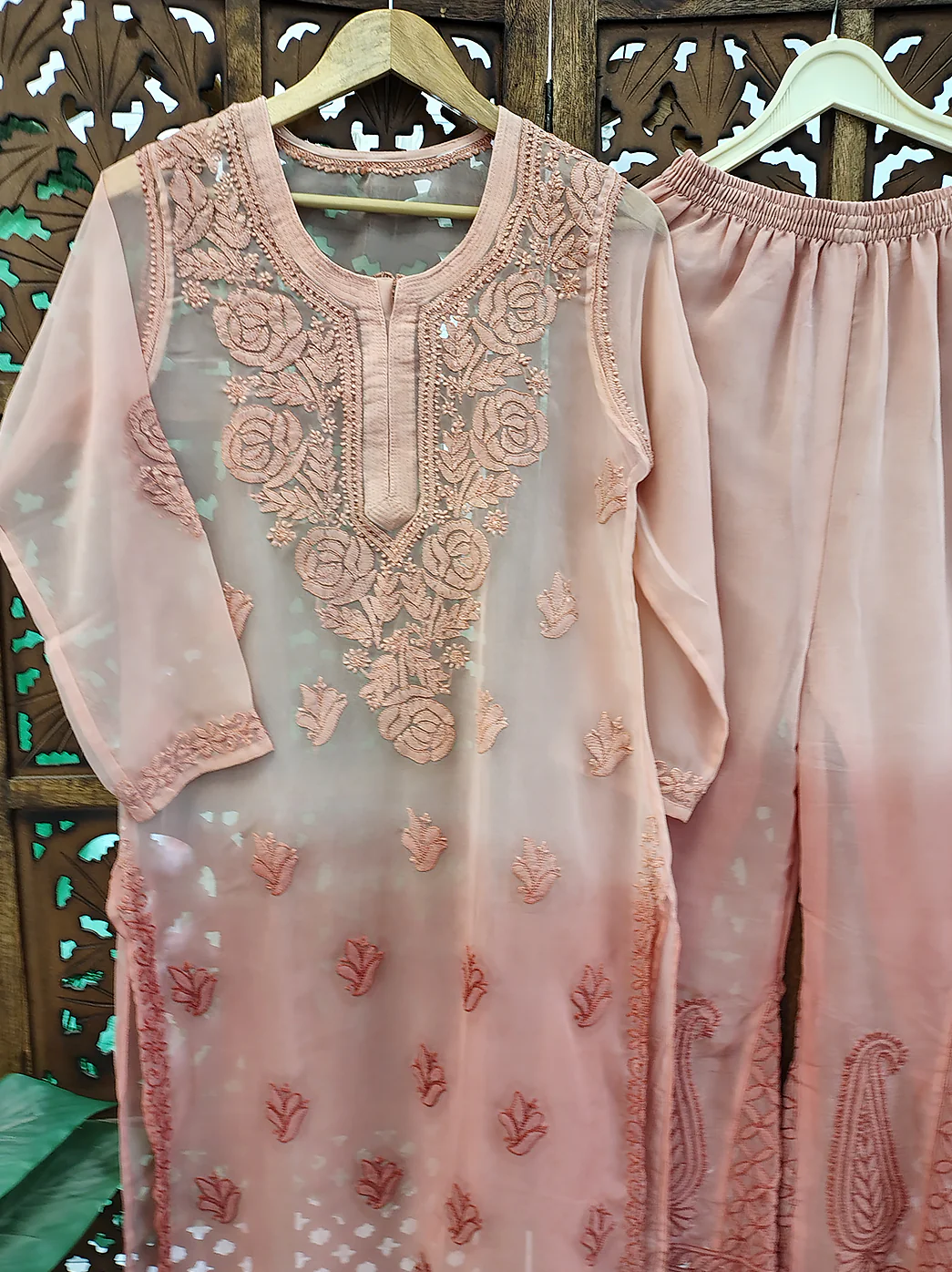 Ombre Choco Georgette Chikankari Straight Kurta Set - Image 3