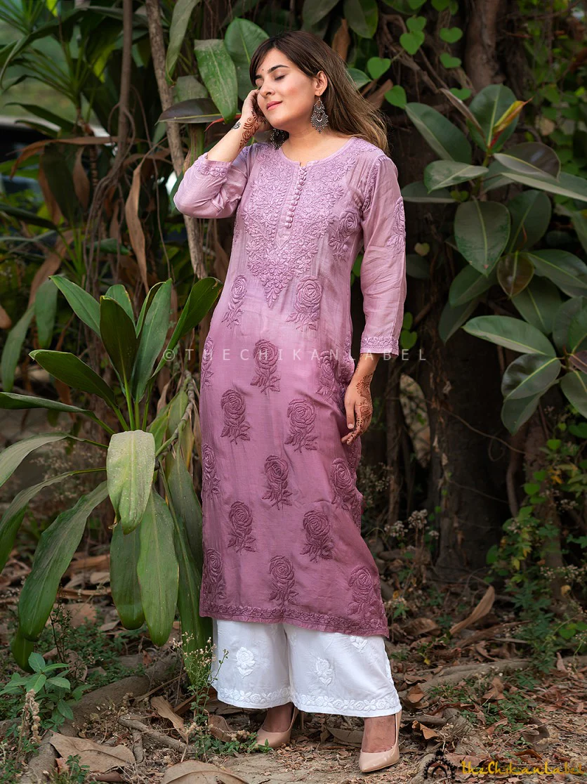 Ombre Mauve Gulaab Muslin Chikankari Straight Kurti - Image 3