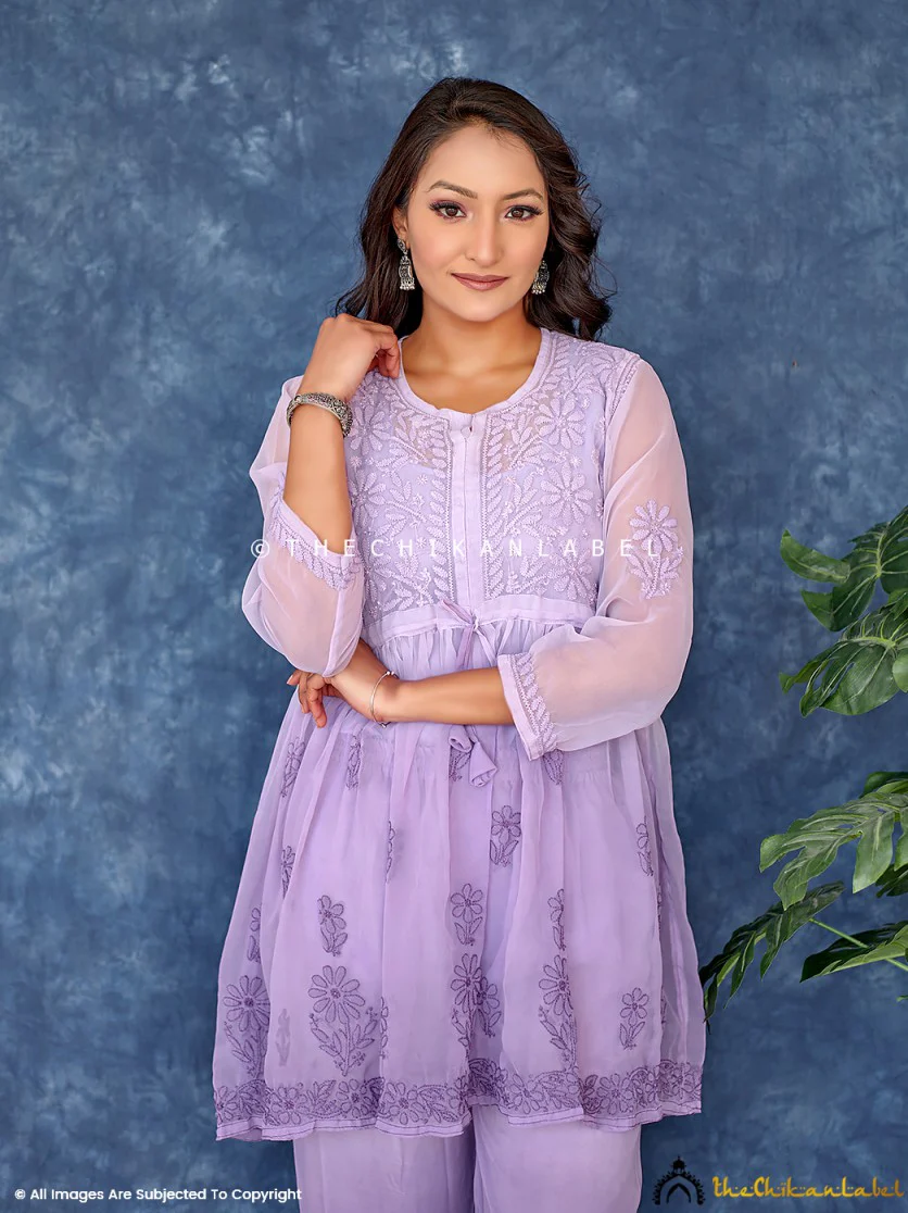 Ombre Purple Georgette Chikankari Short Kurta Set - Image 3