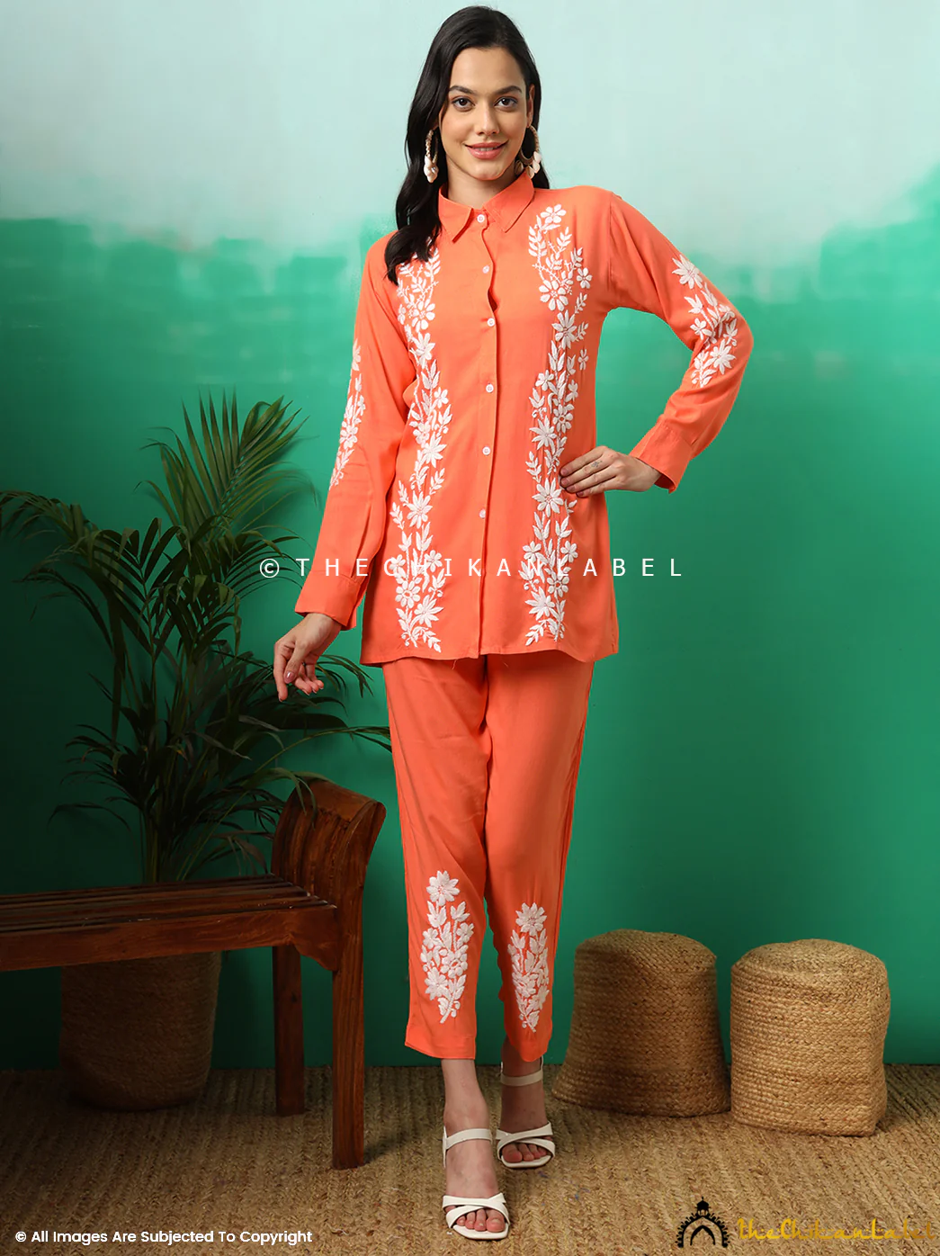 Anvika Rayon Chikankari Co-ord Set -Orange