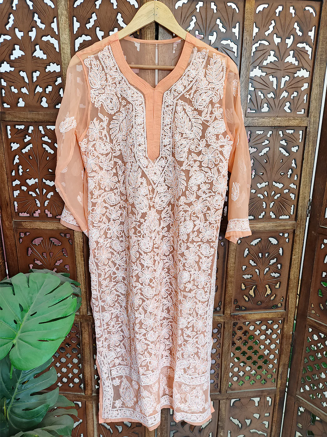 Orange Georgette Chikankari Straight Kurti - Image 2