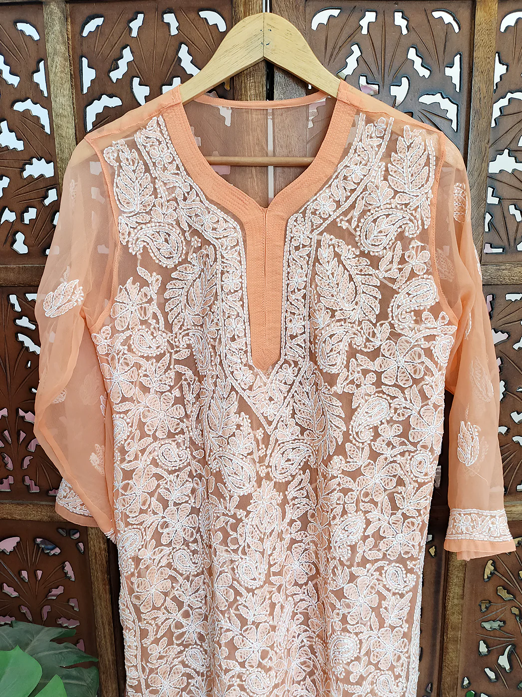 Orange Georgette Chikankari Straight Kurti - Image 3