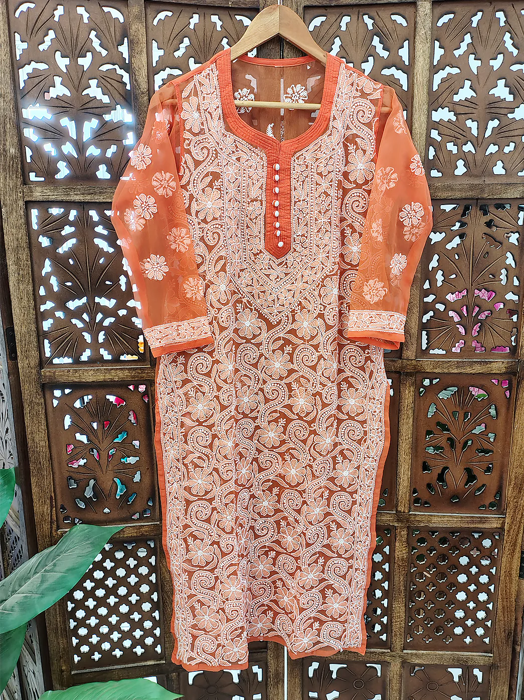 Orange Georgette Chikankari Straight Kurti - Image 2