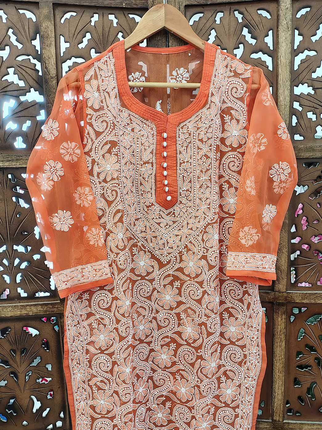 Orange Georgette Chikankari Straight Kurti - Image 3