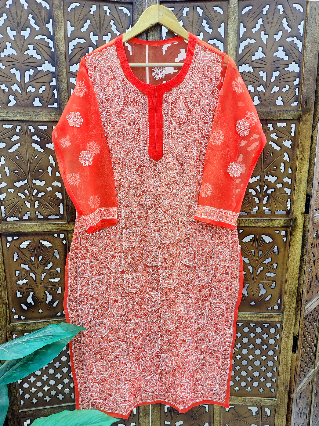 Orange Georgette Chikankari Straight Kurti - Image 2